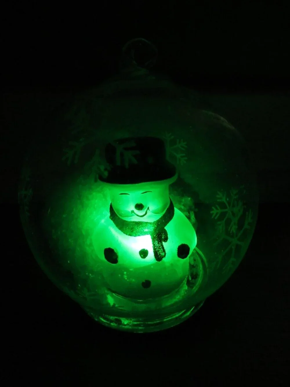 Handblown Christmas Ornament Glass Globe Snowman Color Changing LED Light Up